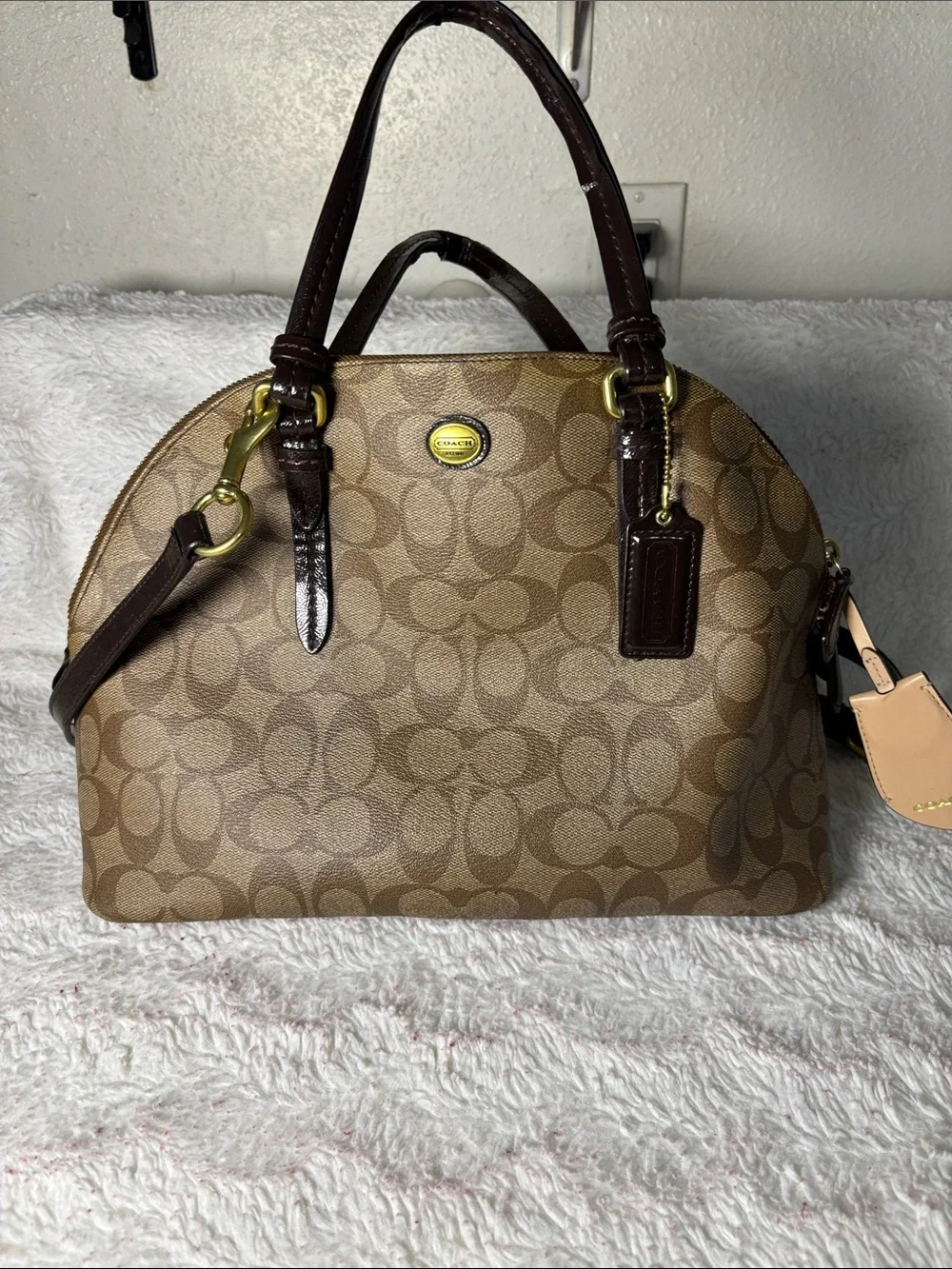 Coach Brown Signature Dome Satchel with Dark Brown Trim